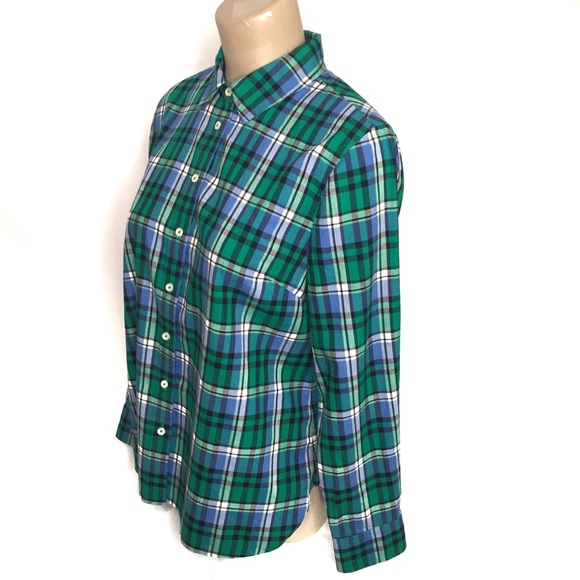 TALBOTS Button Down Shirt Cotton Long Sleeve Plaid Blue White Green Size MP - Picture 3 of 11